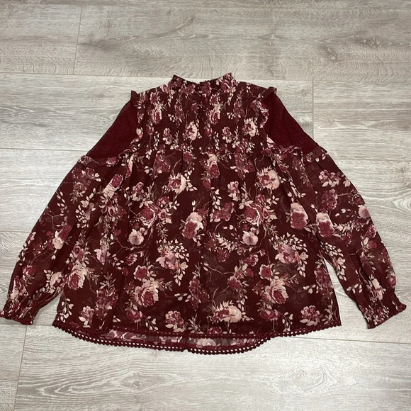 Skylar & Jade Burgundy Sheer Floral Long Sleeve Blouse Lace Ruffle Detail S - Picture 12 of 12